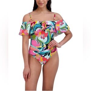 BCBG MAXAZRIA ruffled one piece multi color floral tummy control swimsuit sz L